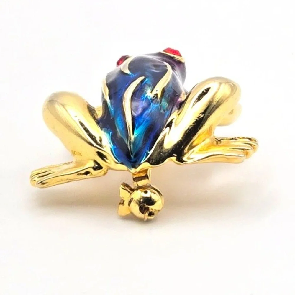 Small Gold Tone Blue and Purple Enamal Frog Brooch‎ / Pin Red Rhinestone Eyes